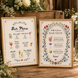 Whimsical floral wedding bar menu sign with colorful folk art border and illustrated drinks, editable Canva template displayed on easel and table settings