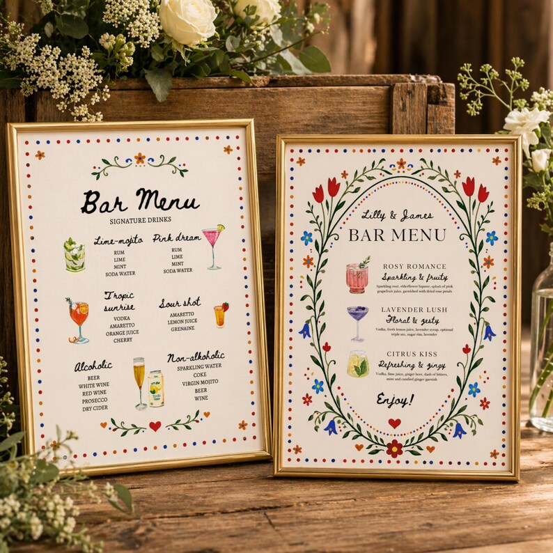 Whimsical floral wedding bar menu sign with colorful folk art border and illustrated drinks, editable Canva template displayed on easel and table settings