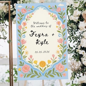 Turquoise Floral Wedding Welcome Sign: Editable Canva Template (Digital Download