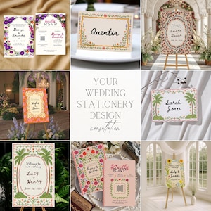 May include: Various wedding stationery items, including invitations, RSVP cards, and welcome signs. The designs incorporate floral borders, decorative fonts, and the couples' names. The text "YOUR WEDDING STATIONERY DESIGN consultation" is also visible.