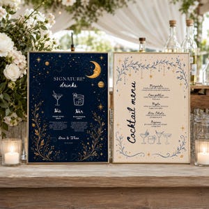 Wedding Bar Sign Template - Signature Drink Sign, Cocktail Menu Sign, Celestial Wedding Drinks Menu, Moon Stars Bar Menu, Editable Canva