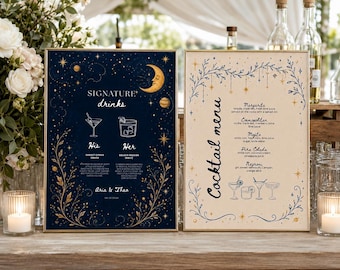 Wedding Bar Sign Template - Signature Drink Sign, Cocktail Menu Sign, Celestial Wedding Drinks Menu, Moon Stars Bar Menu, Editable Canva