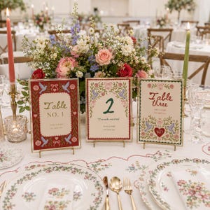 Wedding Table Numbers Template, A5 Editable Canva Table Number Cards, Folk Floral Wedding Table Sign, Rustic Red Garden Decor
