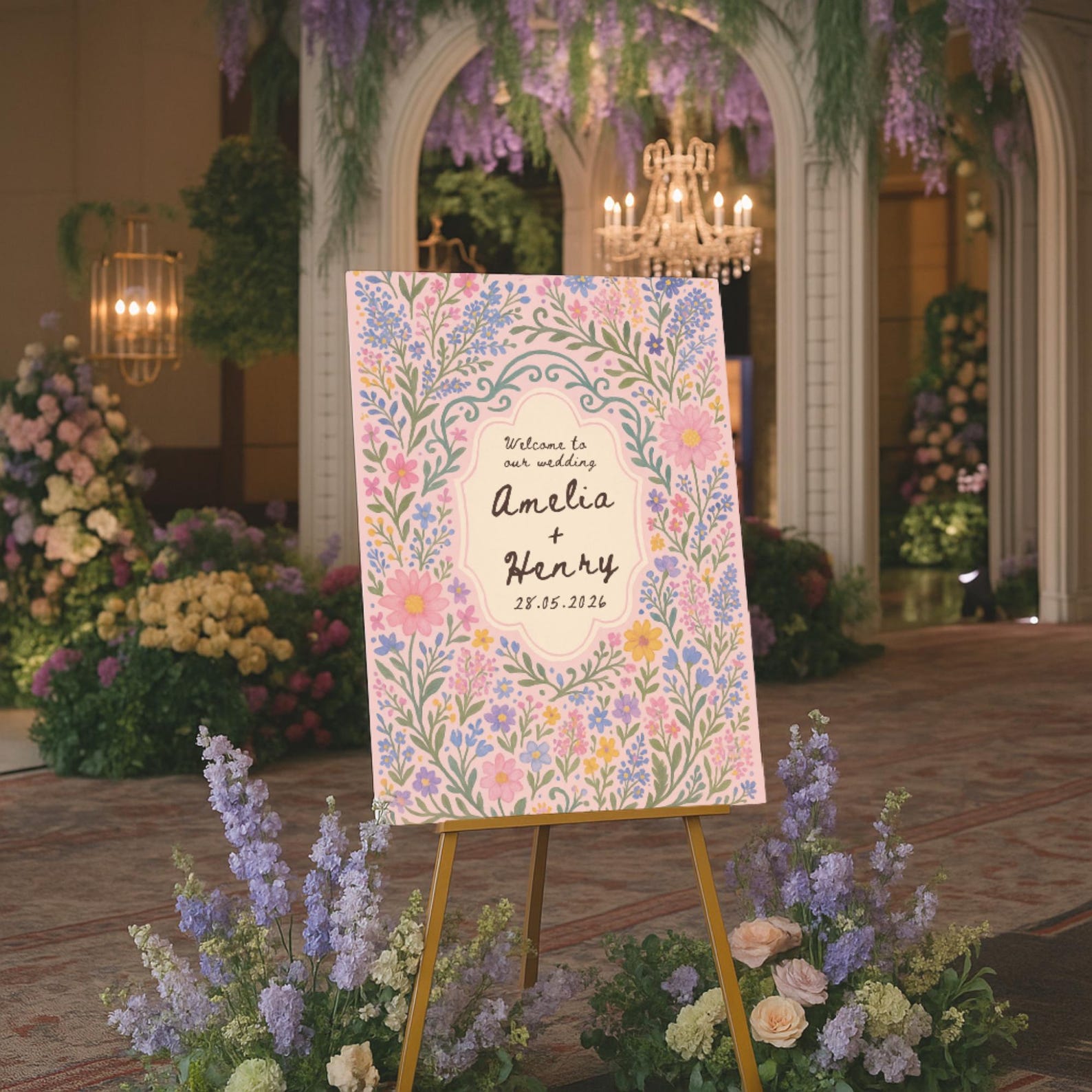 Whimsical Pink Wedding Welcome Sign Template, Hand-painted Border ...