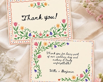 Whimsical Wedding Thank You Card Template, Editable Canva Thank You Note, Folk Floral Garden Card, in size A6 & 7x5