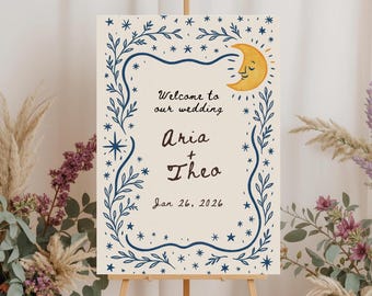 Celestial Wedding Welcome Sign, Whimsical Moon and Star Entrance Board, Editable Canva Printable - Personalised Wedding Sign