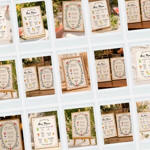 Whimsical floral wedding bar menu sign with colorful folk art border and illustrated drinks, editable Canva template displayed on easel and table settings