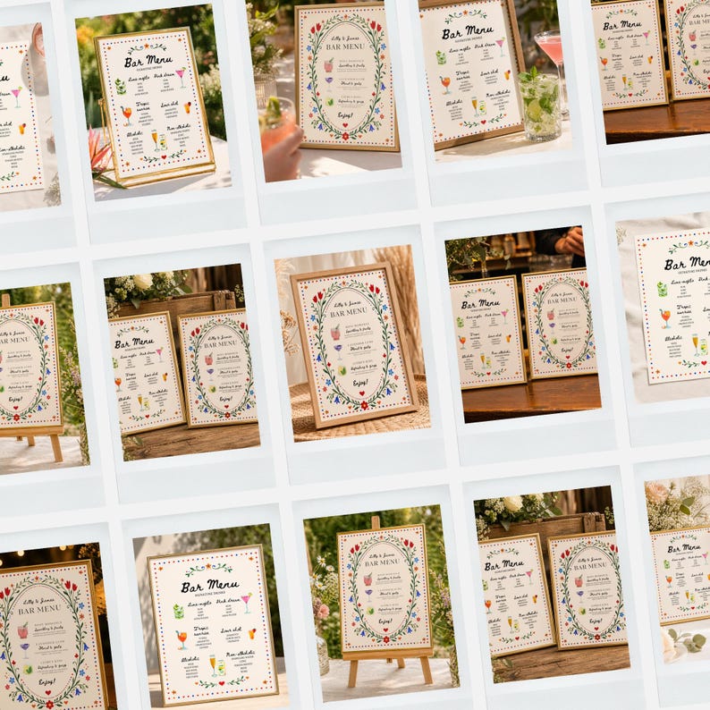 Whimsical floral wedding bar menu sign with colorful folk art border and illustrated drinks, editable Canva template displayed on easel and table settings