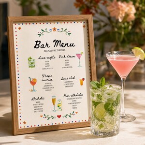 Whimsical floral wedding bar menu sign with colorful folk art border and illustrated drinks, editable Canva template displayed on easel and table settings