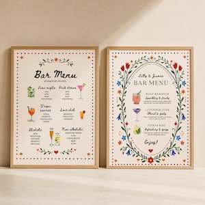 Whimsical floral wedding bar menu sign with colorful folk art border and illustrated drinks, editable Canva template displayed on easel and table settings