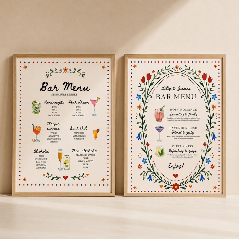 Whimsical floral wedding bar menu sign with colorful folk art border and illustrated drinks, editable Canva template displayed on easel and table settings