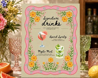 8x10 Signature Drinks Sign Template, 2 Cocktail Wedding Bar Sign Canva, Aperol Spritz Mojito Menu, Editable Printable, 109