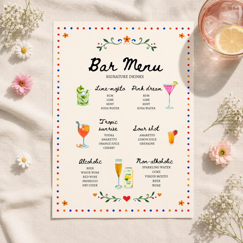 Whimsical floral wedding bar menu sign with colorful folk art border and illustrated drinks, editable Canva template displayed on easel and table settings
