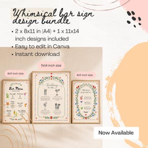 Whimsical floral wedding bar menu sign with colorful folk art border and illustrated drinks, editable Canva template displayed on easel and table settings