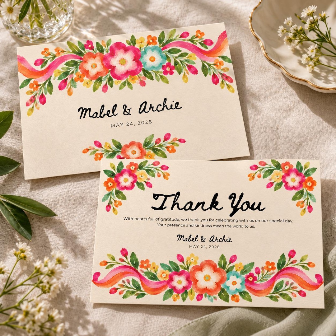 Thanks Card Layout Wedding Thank You Card Template, Colorful Hand-painted Florals ...