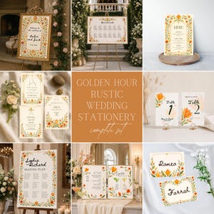 Puede incluir: Una colección de papelería rústica para bodas con diseños florales. Incluye carteles de bienvenida, planos de asientos, menús, números de mesa y tarjetas de sitio. El texto incluye "Amber and Jack", "Sophia and Richard" y "Romea and Farrah".