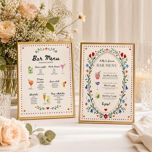 Whimsical floral wedding bar menu sign with colorful folk art border and illustrated drinks, editable Canva template displayed on easel and table settings