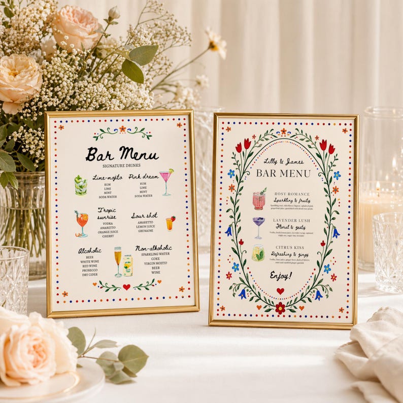 Whimsical floral wedding bar menu sign with colorful folk art border and illustrated drinks, editable Canva template displayed on easel and table settings