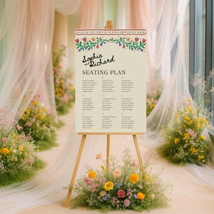 May include: A cream-coloured wedding seating plan on a wooden easel. The sign features the names "Sophia and Richard" in script and a floral border. The display is surrounded by floral arrangements.