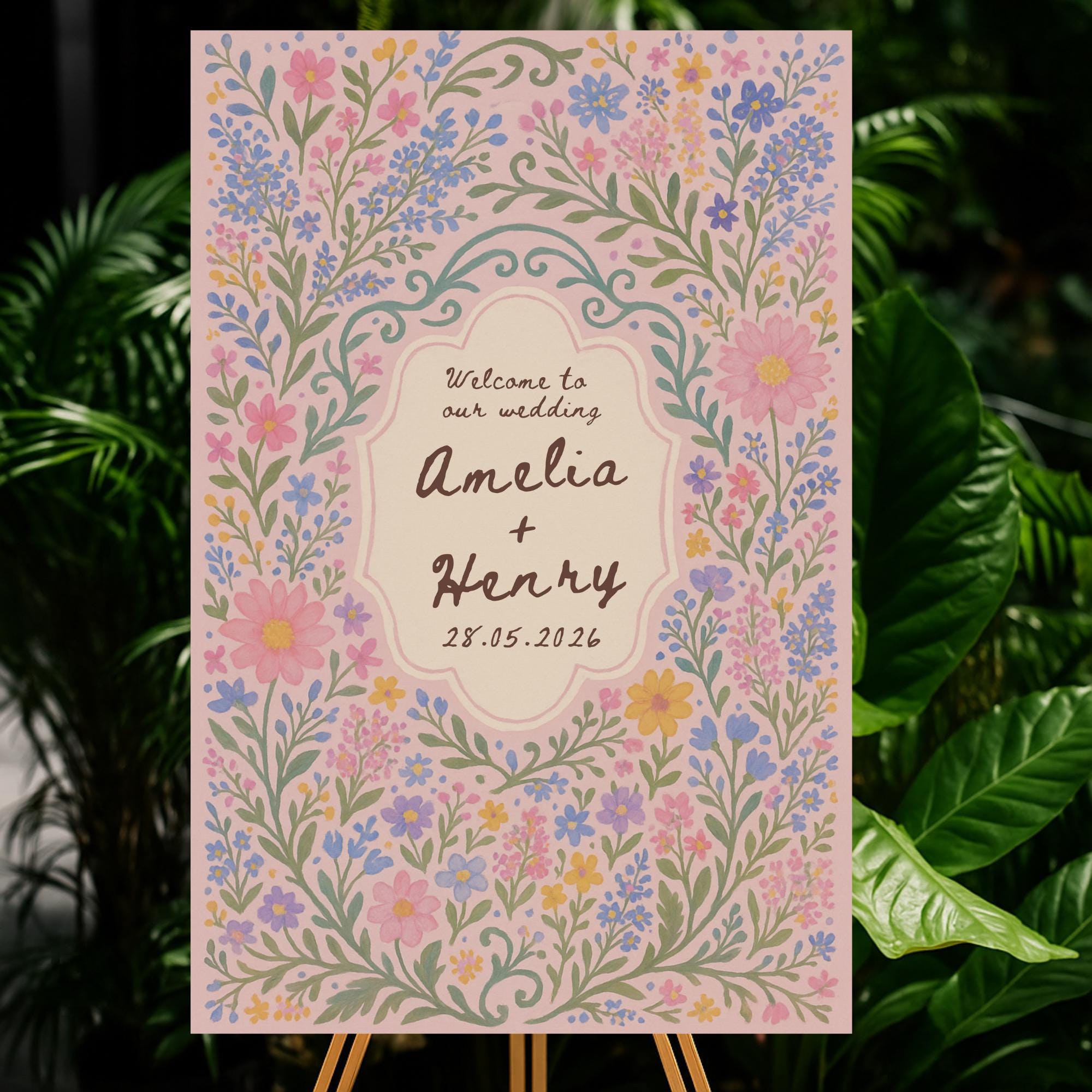 Whimsical Pink Wedding Welcome Sign Template, Hand-painted Border ...