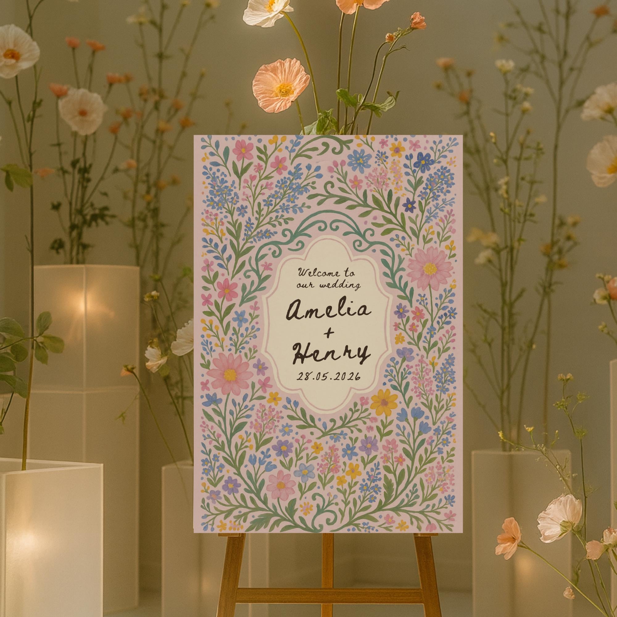 Whimsical Pink Wedding Welcome Sign Template, Hand-painted Border ...