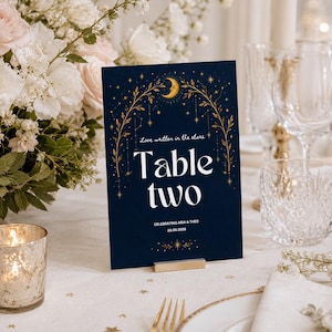 Celestial Wedding Table Numbers Template, Moon and Stars Table Number Cards, Navy Blue Wedding Table Sign, Starry Night Reception Decor