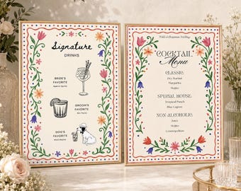 Whimsical Floral Wedding Bar Sign Template, Signature Drinks Cocktail Menu (A3, 11x17 Digital Download)
