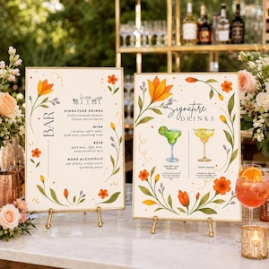 Whimsical Wedding Bar Sign Template Set - Editable Signature Drinks Menu, Folk Floral Wedding Bar Menu, A4 Canva Wedding Sign Bundle