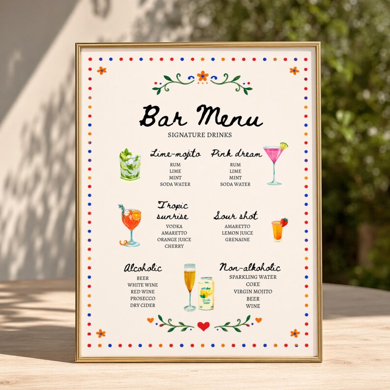 Whimsical floral wedding bar menu sign with colorful folk art border and illustrated drinks, editable Canva template displayed on easel and table settings