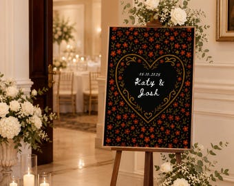 Wedding Welcome Sign Template - Editable Canva 24x36, Black Folk Floral Wedding Entrance Sign, Moody Fall Wedding Welcome Board