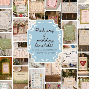 Könnte beinhalten: Eine Collage aus Hochzeits-Papeterie- und Schildervorlagen mit floralen, botanischen und himmlischen Illustrationen. Die zentrale hellblaue Grafik zeigt den Text: Pick any 5 wedding templates SIGNS & STATIONERY FROM MY SHOP.