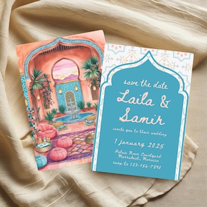 Modèle de faire-part de mariage marocain • Conception fantaisiste de riad aquarelle • Téléchargement numérique • Faire-part de mariage exotique bohème • Modifiable sur toile