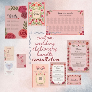 May include: A custom wedding stationery bundle featuring pink cards with floral borders, including an order of events, seating chart, menus, RSVP card with a QR code, and table numbers. The text includes "Order of events," "Your seat awaits," "Menu," and "Kindly RSVP."