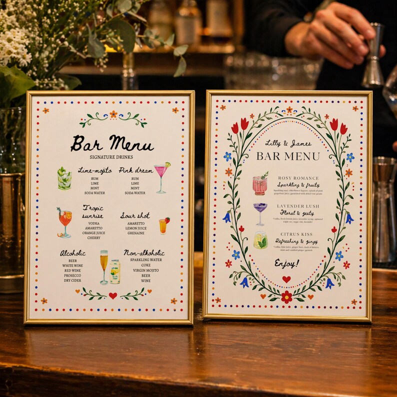Whimsical floral wedding bar menu sign with colorful folk art border and illustrated drinks, editable Canva template displayed on easel and table settings