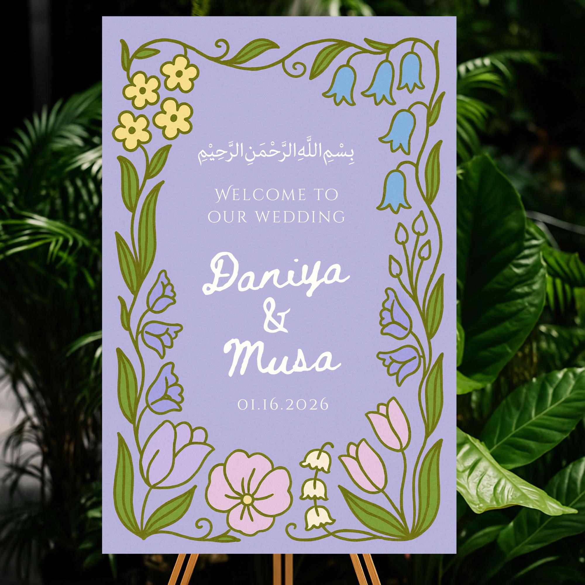 Welcome Violet Arabic Wedding Welcome Sign, Violet Nikkah Entrance Board, Editable ...
