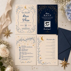 Celestial Wedding Invitation Suite Template — Editable Canva Save the Date RSVP Details Card, Moon and Stars Invite
