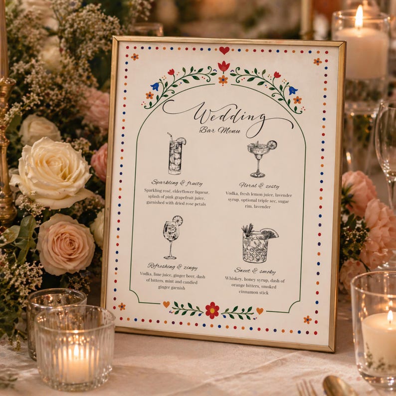 Whimsical floral wedding bar menu sign with colorful folk art border and illustrated drinks, editable Canva template displayed on easel and table settings