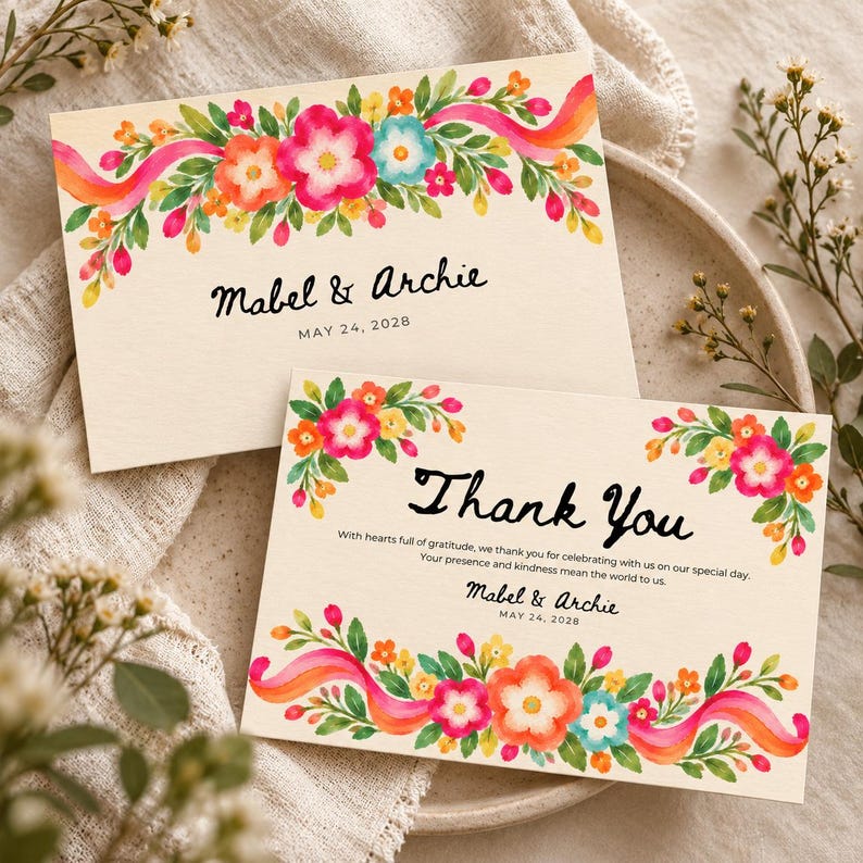 Thanks Card Layout Wedding Thank You Card Template, Colorful Hand-painted Florals ...