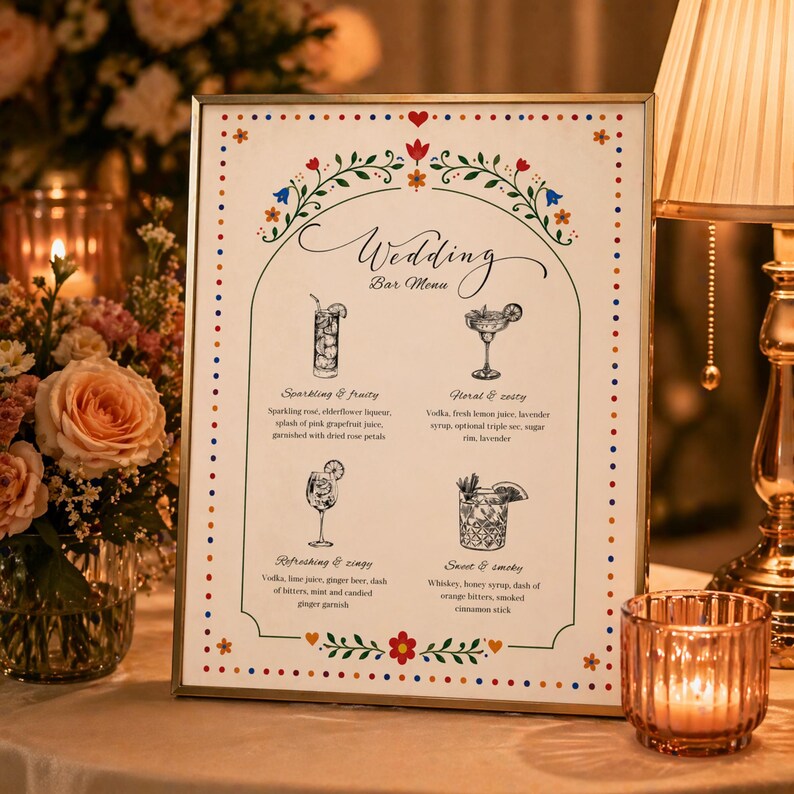 Whimsical floral wedding bar menu sign with colorful folk art border and illustrated drinks, editable Canva template displayed on easel and table settings