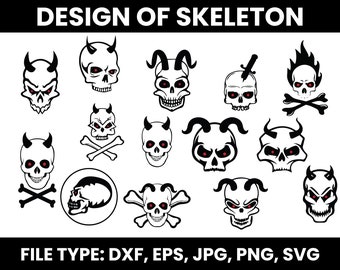 Dödskalle SVG klippfil, Halloween-dödskalle ansikte SVG, skräck-SVG, dödskalle Clipart, silhuett Svg Dxf-paket med 20