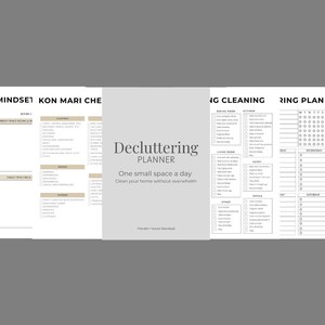 May include: A decluttering planner with sections for mindset, KonMari checklist, cleaning, and a weekly plan. The planner includes the text "One small space a day, Clean your home without overwhelm."