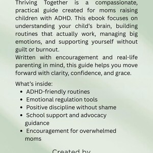 K&ouml;nnte beinhalten: Ein E-Book-Cover mit Text &uuml;ber die Erziehung von Kindern mit ADHS. Der Text enth&auml;lt "Thriving Together" und listet Themen wie ADHS-freundliche Routinen und emotionale Regulierungswerkzeuge auf. Erstellt von Donnisha Lindsay.