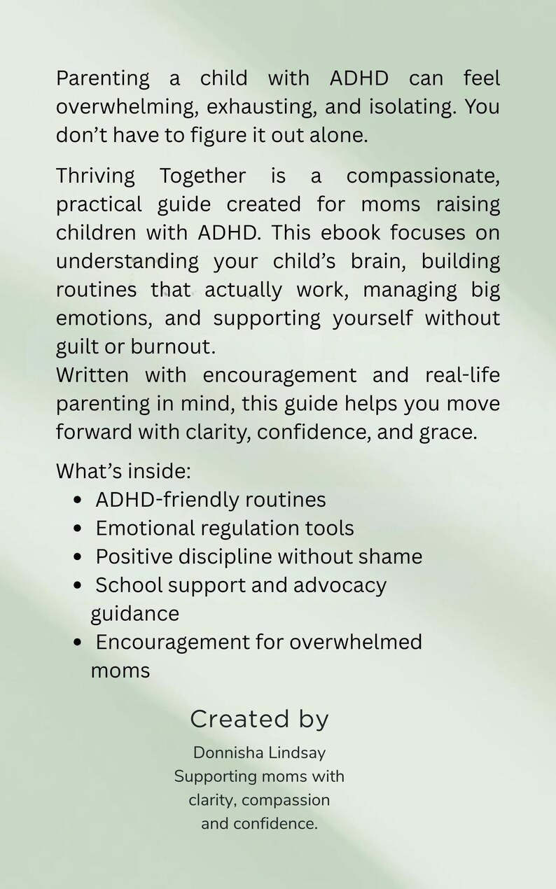 K&ouml;nnte beinhalten: Ein E-Book-Cover mit Text &uuml;ber die Erziehung von Kindern mit ADHS. Der Text enth&auml;lt "Thriving Together" und listet Themen wie ADHS-freundliche Routinen und emotionale Regulierungswerkzeuge auf. Erstellt von Donnisha Lindsay.