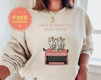 This is my Writing up a Storm Sweater. Gift for Writer, Gift for Blogger, Journalist Gift, English Major, Writing Gift, Retro Typewriter