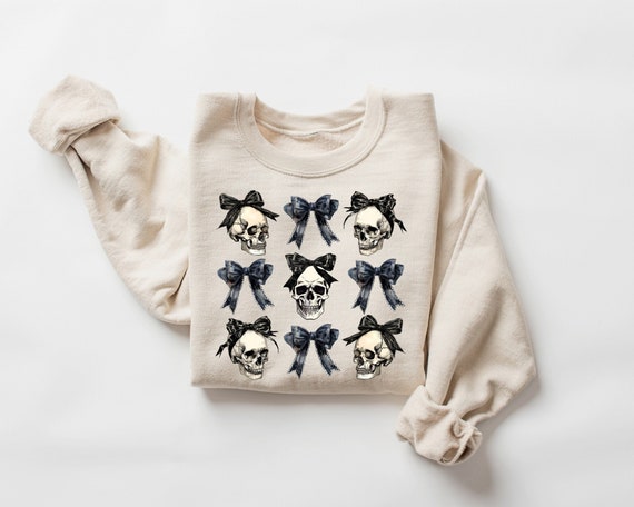 Cute Coquette Skulls Sweatshirt, Black Bow Skulls Halloween Sweater, Vintage Skulls Sweater, Cute Women Halloween Gift