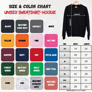 the size and color chart for a sweatshirt