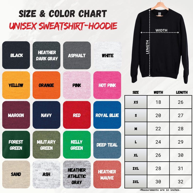 the size and color chart for a sweatshirt