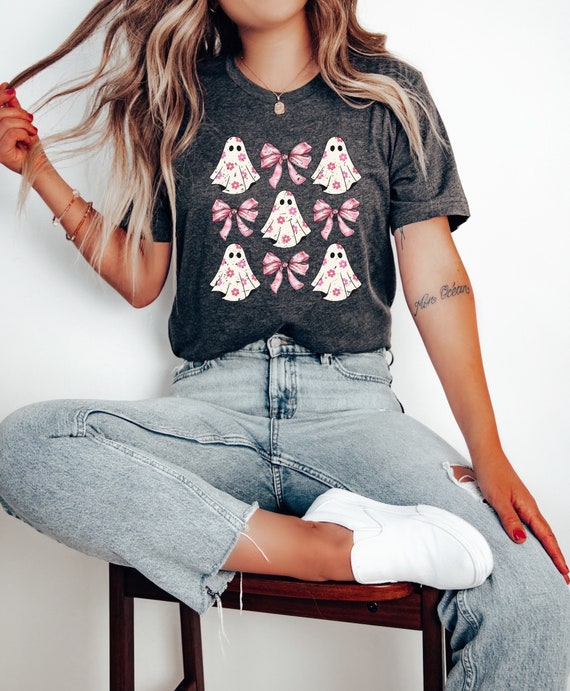 Pink Coquette Ghosts Tshirt, Cute Ghosts Sweater, Pinky Ghosts Girly Halloween Tshirt, Women Fall Gift, Halloween Girly Gift