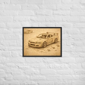 May include: Framed sepia-toned print of a sports car, featuring detailed line art. The car has a spoiler and is set against a textured background. The artwork is in a black frame, suitable for automotive enthusiasts.