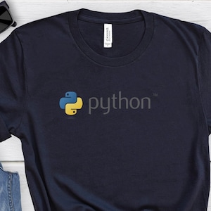 May include: A navy blue t-shirt with a yellow and blue Python logo and the word "python" in white text.